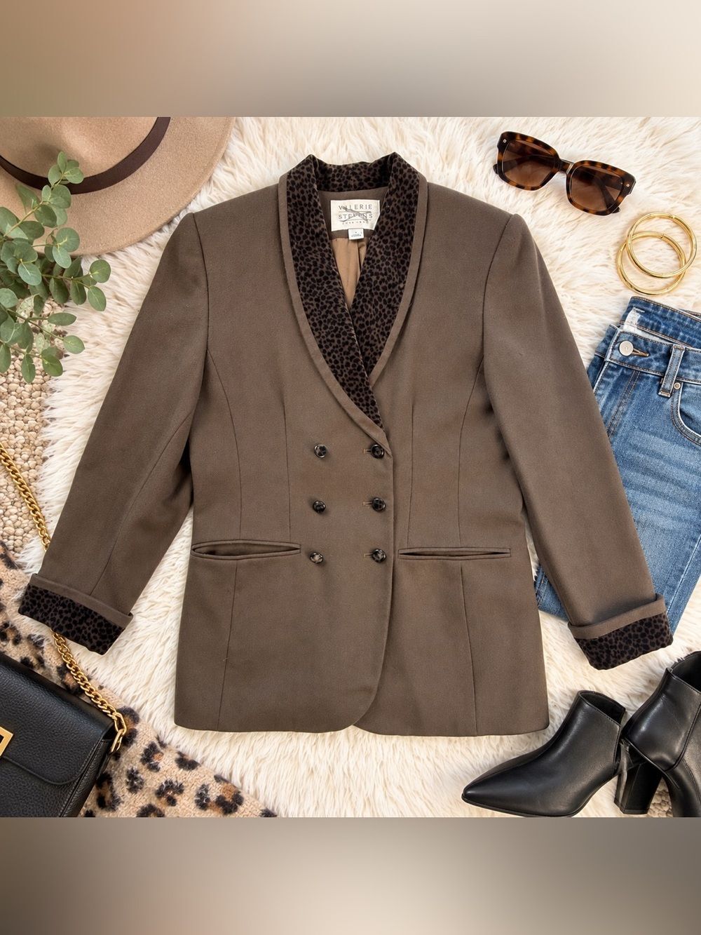 Vintage Valerie Stevens Pure Wool Brown Leopard Trim Blazer Size 4